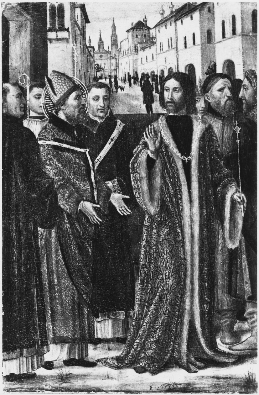 Św. Ambroży odmawia cesarzowi rzymskiemu Teodozjuszowi I Wielkiemu przyjęcia do kościoła w Mediolanie (fresk) (zdjęcie czarno-białe) autorstwa Ambrogio da Fossano (c.1460 1523)