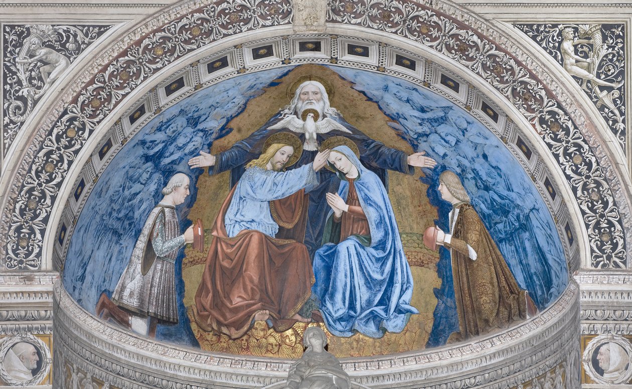 Koronacja Najświętszej Marii Panny z Bogiem i Duchem Świętym między Francesco a Ludovico Sforza, 1500-1522 autorstwa Ambrogio da Fossano