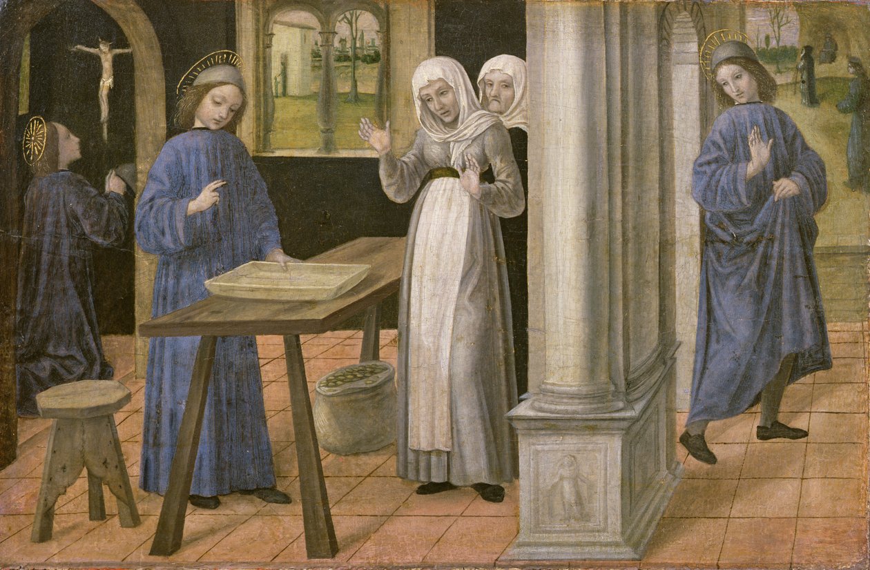 Modlitwa, Cud sita i wyjazd do Subiaco, panel predella z ołtarza przedstawiającego sceny z życia św. Benedykta, 1488-95 autorstwa Ambrogio da Fossano
