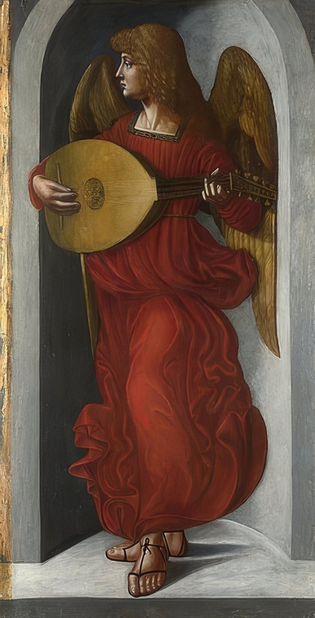 Anioł w czerwieni z lutnią (skrzydło ołtarza San Francesco, Mediolan). Około 1495-99 autorstwa Ambrogio de Predis