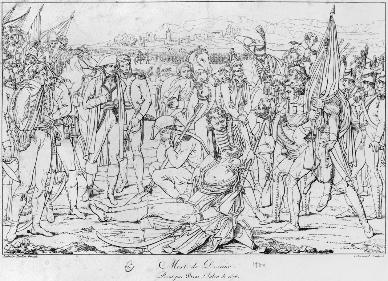 Śmierć generała Desaix w bitwie pod Marengo 14 czerwca 1800 r., według obrazu Jeana Broca, Salon z 1806 r., rytego przez Charlesa Normanda (1765-1840) autorstwa Ambroise Tardieu
