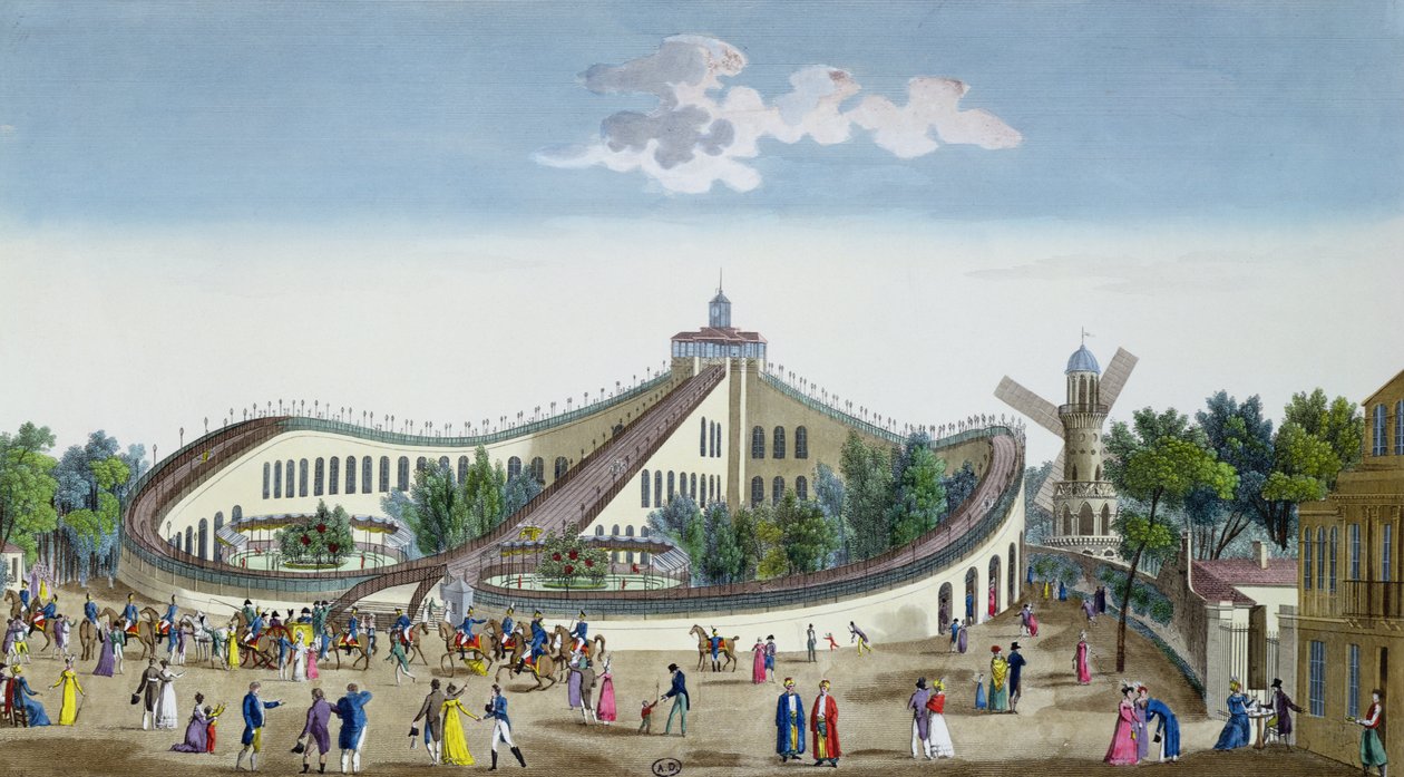Promenades Aeriennes, Jardin Baujon, Czczony Obecnością Jej Królewskiej Mości, 2 sierpnia 1817, c.1817 (kolorowe grawerowanie) autorstwa Ambroise Louis Garneray