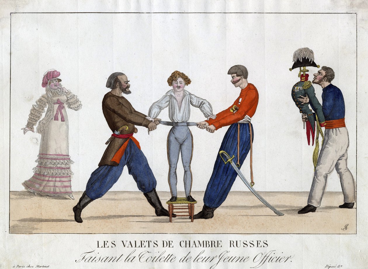 Toaleta młodego rosyjskiego oficera - Garneray, Ambroise Louis (1783-1857) - ok. 1930 r. 1815 - Akwaforta, akwarela - 24x32,6 - Kolekcja prywatna autorstwa Ambroise Louis Garneray