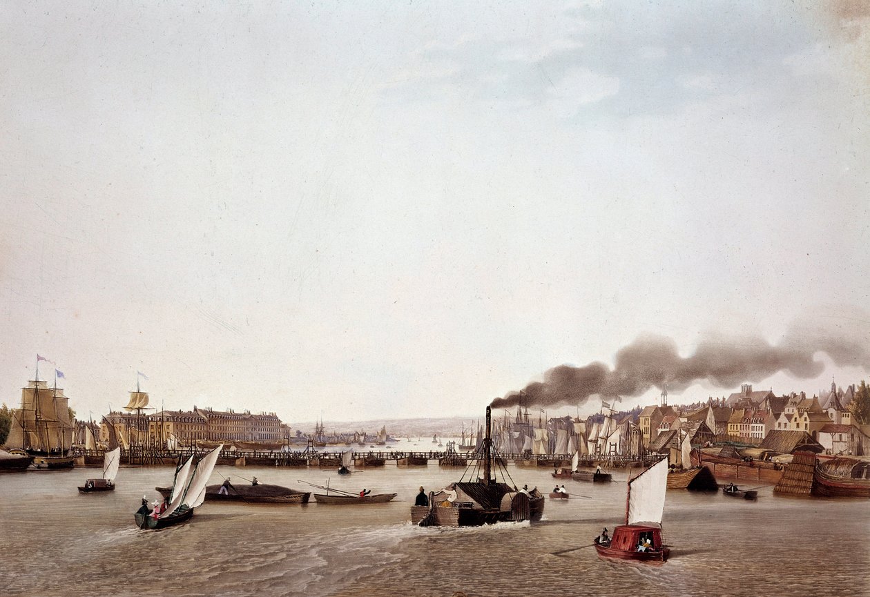 Widok na ruch rzeki na Sekwanie do Rouen. Akwarela Ambroise Louis Garneray (1783-1857) XIX-wieczny Paryż, B.N. autorstwa Ambroise Louis Garneray
