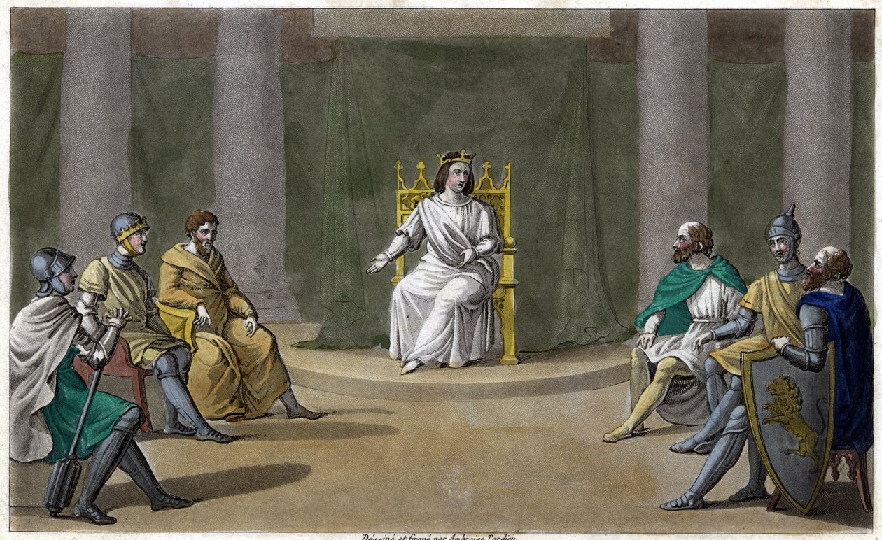 Caribert lub Cherebert, król Paryża (561 - 567), odbywający radę, w której wymierzył sprawiedliwość. Zaprojektowany i wygrawerowany przez Ambroise Tardieu w 1825 roku. autorstwa Ambroise Tardieu