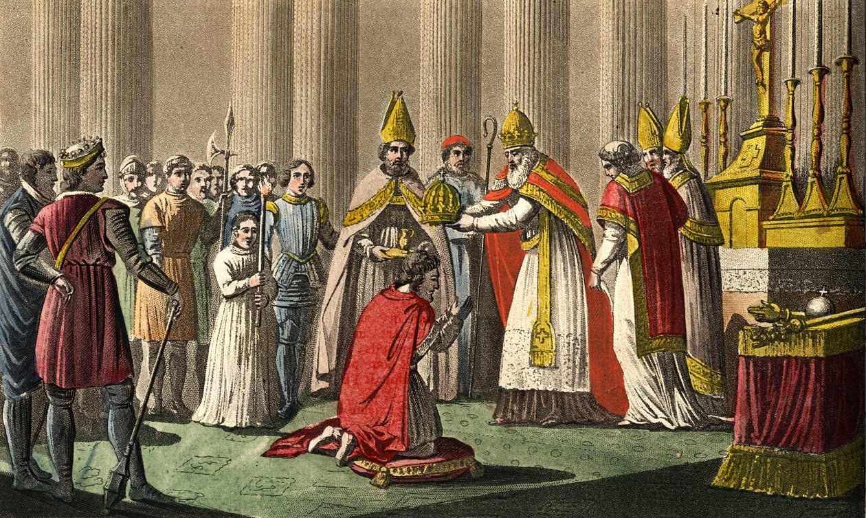 Karol Wielki (742-814) koronowany przez papieża Leona III (ok. 750-816) w bazylice św. Piotra w Rzymie 25 grudnia 80 - Koronacja Karola Wielkiego (742 - 814) w 800 przez papieża Leona III. Zaprojektowany i wygrawerowany przez Ambroise Tardieu w 1825 roku. autorstwa Ambroise Tardieu