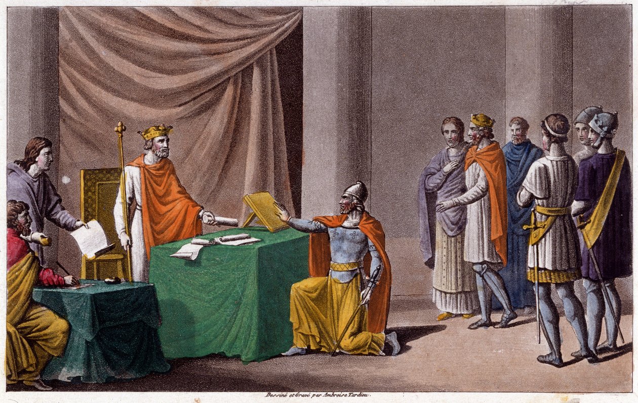 Karol II Łysy (823 - 877) podpisał traktat z Verdun (843) z Ludwikiem II Germanem (804 - 876). Zaprojektowany i wygrawerowany przez Ambroise Tardieu w 1825 roku. autorstwa Ambroise Tardieu