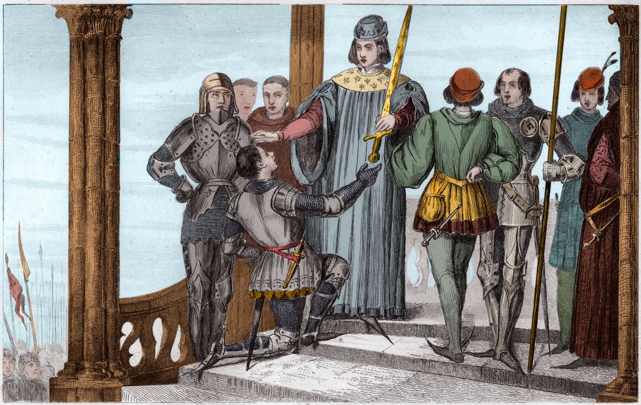 Karol V (1358-80) Mądry wręcza swój miecz Duguesdinowi - Karol V Le sage (1338-1380) uroczyście przedstawia miecz connettable Bertranda du Guesclin (1320-1380) - Rycina 1825 w „Histoire de France reprezentowana przez obrazy synoptyczne oddać się autorstwa Ambroise Tardieu