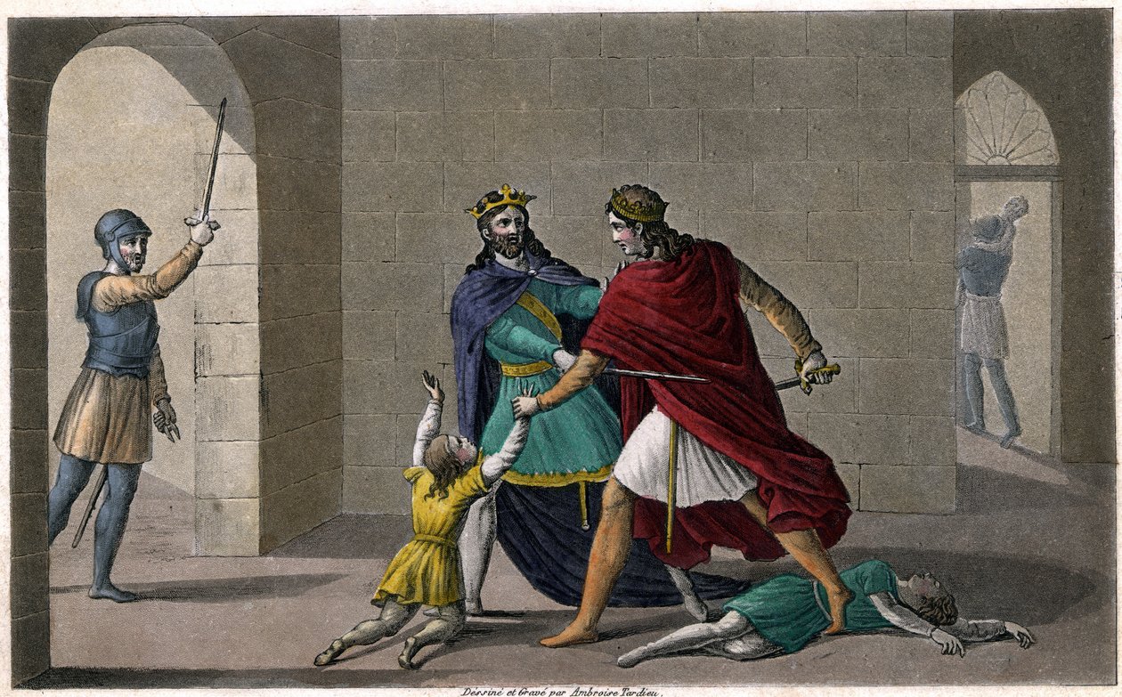 Childebert Pozwoliłem Clotaire (Clothaire) zamordować dzieci ich brata Clodomira, króla Orleanu, którego stany są wspólne. Zaprojektowany i wygrawerowany przez Ambroise Tardieu w 1825 roku. autorstwa Ambroise Tardieu