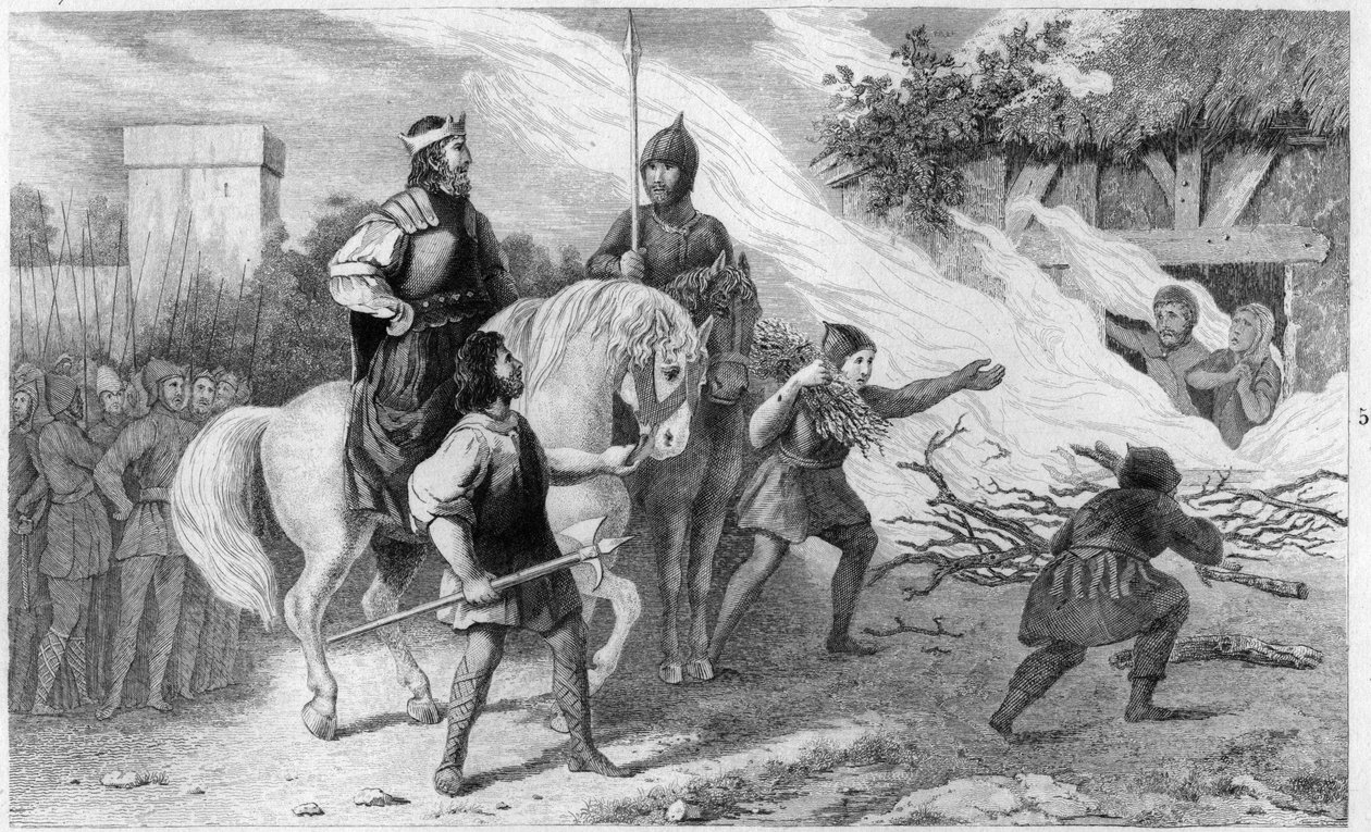 Chlothar I (497-561) pali zbuntowanego syna i rodzinę, 560 - Clotaire (Clothaire) I (497-561), król franków, pali syna Chramne (Chram, Chramn) i żonę w 560, którzy zbuntowali się przeciwko go - Grawer 1825 w „Histoire de France reprezentowanym przez autorstwa Ambroise Tardieu