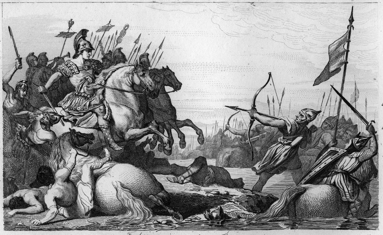 Clodion, Włochaty (ok. 428-47) wycofuje się przez most po klęsce dokonanej przez Aetiusa - Clodion dit „”Le Chevelu”” (ok. 428-ok. 448), przodek Merowingów, przywódca franków Salian - Clodion jest pokonany przez Aetiusa, generała Valentiniena III, który autorstwa Ambroise Tardieu