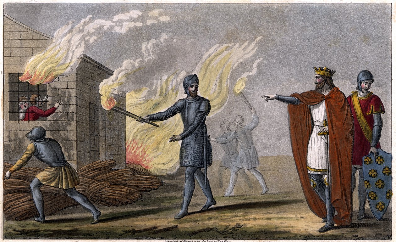 Clotaire (Clothaire) I (497 - 561) pali syna Chramne w chacie, bunt przeciwko niemu - Panowanie Clotaire. Clotaire spalił w chacie swojego syna Chramne, który zbuntował się przeciwko niemu - Dessine et grave autorstwa Ambroise Tardieu w 1825 roku. autorstwa Ambroise Tardieu