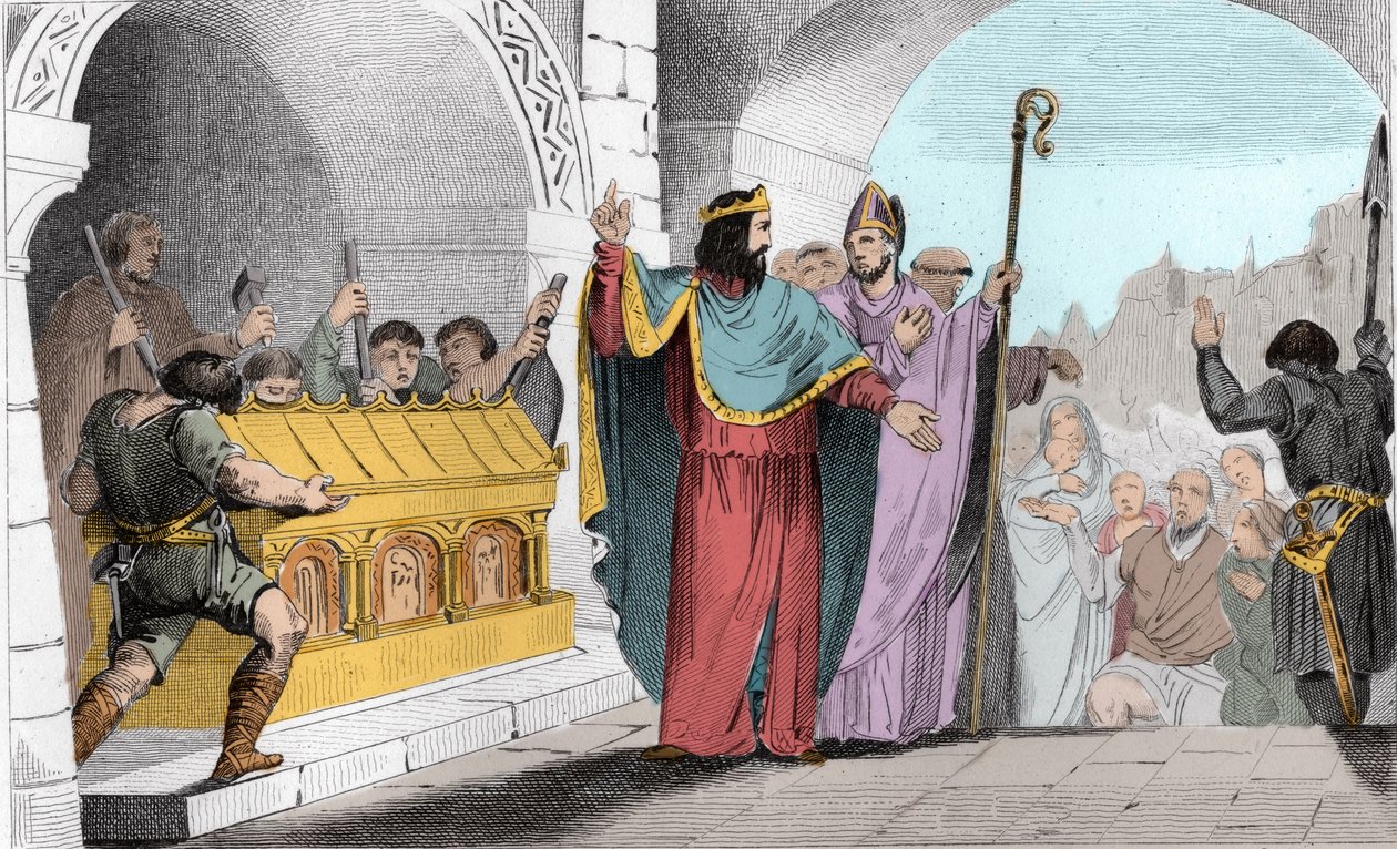 Clovis II (635-657) Sprzedawanie srebra i złota z sanktuarium, aby nakarmić ubogich - Clovis II dit „”le Faineant””, aby nakarmić biednych, wykonał złote i srebrne ostrza usunięte z kościoła Saint-Denis - Rycina 1825 w „Histoire de France reprezentowana pr autorstwa Ambroise Tardieu