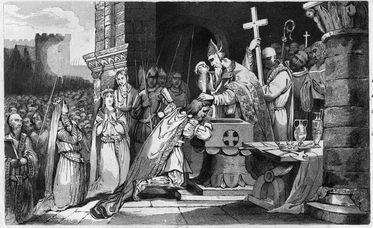 Clovis I (465-511) Ochrzczony z mężczyznami ze swojej armii przed bitwą pod Tolbiac - Bapteme of Clovis 1, 25 grudnia 496: le roi des Francs (466-511) zostaje ochrzczony przez Saint Remi (437-533), w wigilię Reims, w kościele św. Marcina - Grawerowanie 182 autorstwa Ambroise Tardieu