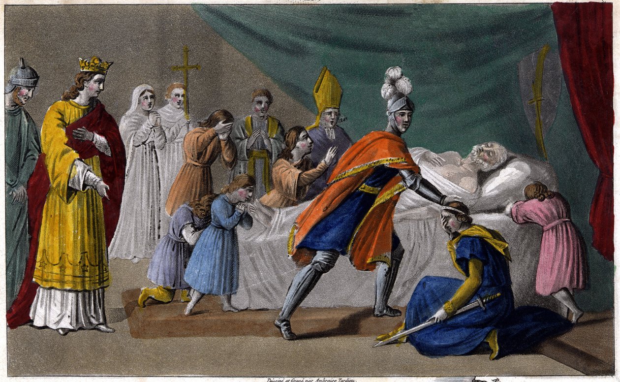 Śmierć Pepina z Herstalu (635-714) w otoczeniu rodziny - Śmierć Pepina de Herstal (dziadka Pepina le Brief), w otoczeniu rodziny i w obecności Dagoberta III (714) - Rysowanie i grób Ambroise Tardieu w 1825 autorstwa Ambroise Tardieu