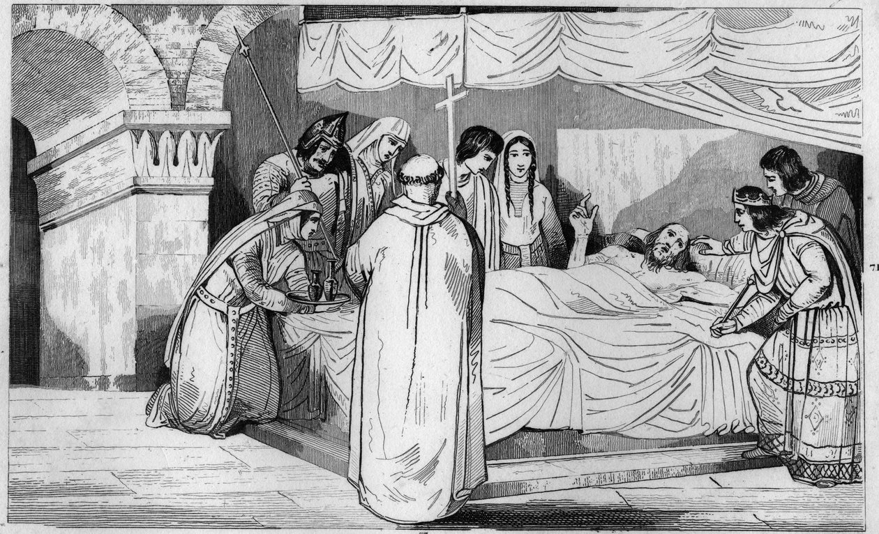Śmierć Pepina z Herstalu (635-714) w otoczeniu rodziny - Śmierć Pepina de Herstala (dziadka Pepina le Brief), otacza swoją rodzinę i w obecności Dagoberta III (w 714) - Rycina 1825 w „Histoire de France reprezentowany przez ból synoptyczny autorstwa Ambroise Tardieu