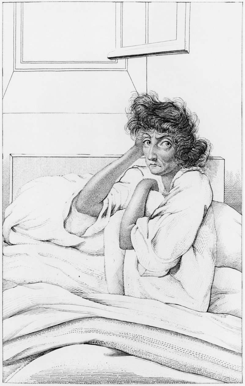 Kobieta z depresją, ilustracja z „Des Maladies Mentales rozważane w ramach raportu medycznego, higienicznego i medyczno-prawnego” autorstwa Etienne