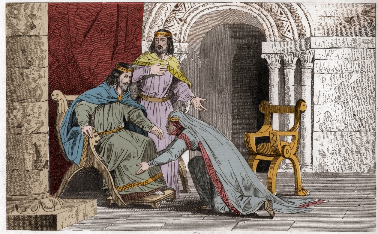 Emme całuje kolano swojego męża Raoula (d936) w uznaniu jego suwerenności - Emma de France (894-934) całuje kolana swojego męża Raoula (ok. 890-936), którego wybrała na króla podczas niewoli Karola III Proste - Grawerowanie z 1825 r. autorstwa Ambroise Tardieu