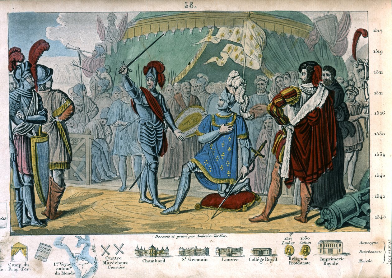 Franciszek I z Francji prosi o pasowanie na rycerza przez Kawalera Bayarda po zwycięstwie w bitwie pod Marignano we Włoszech autorstwa Ambroise Tardieu