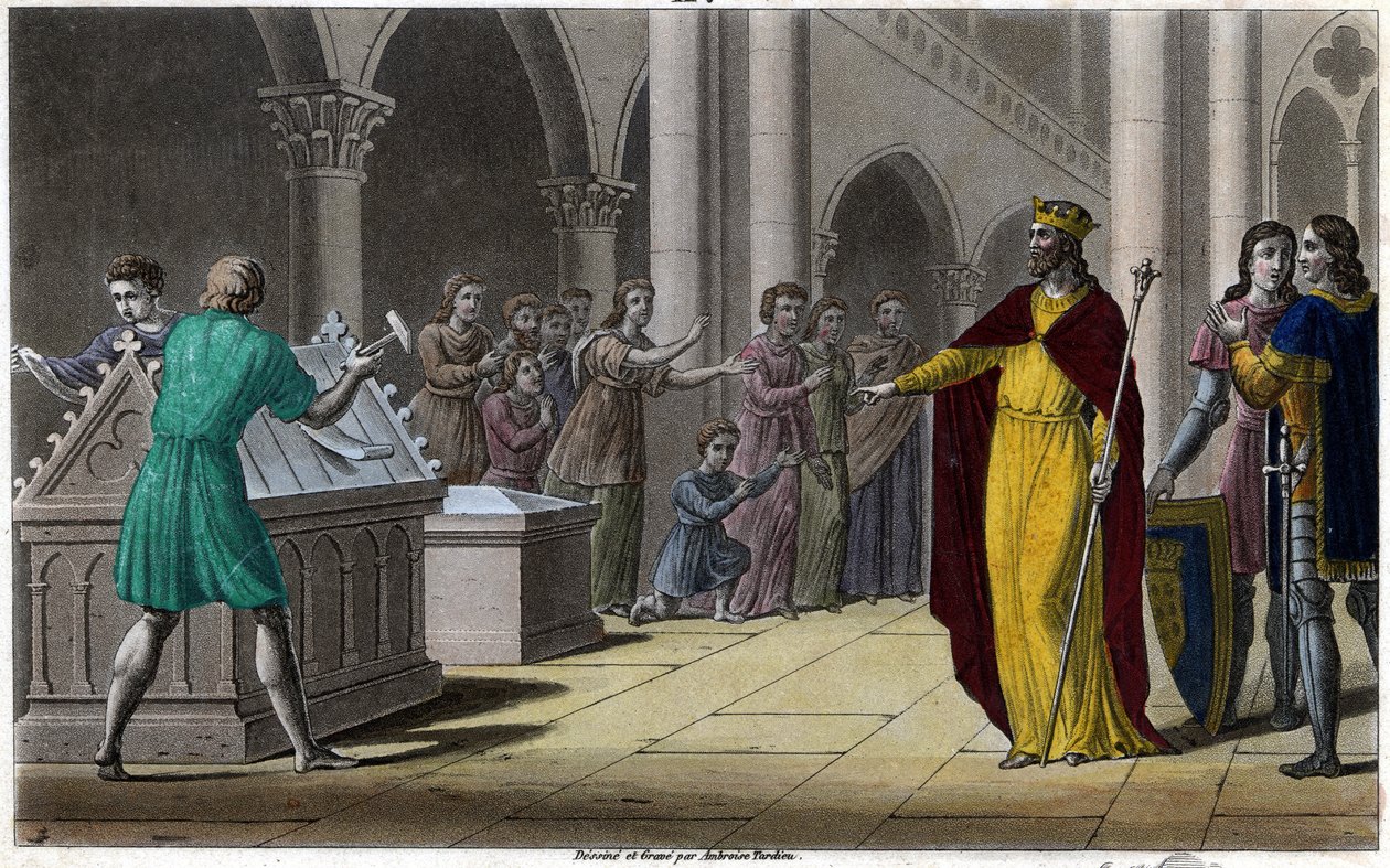 Grimoald, syn Pépina Starszego, burmistrza Pałacu Austrazji (642) pod Sigebertem III. Zaprojektowany i wygrawerowany przez Ambroise Tardieu w 1825 roku. autorstwa Ambroise Tardieu