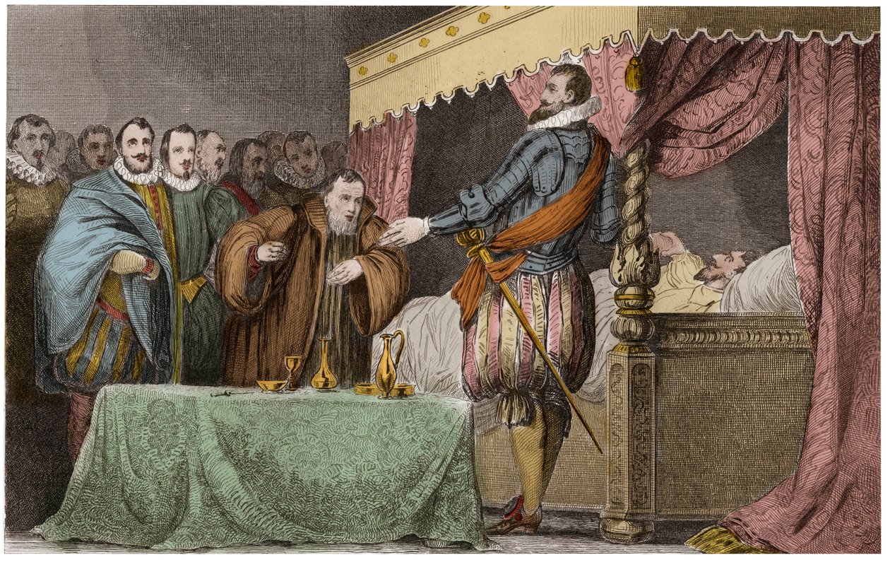 Henryk III (1551-1589), król Francji, uznaje na łożu śmierci Henryka z Nawarry (Henryk IV) za swego prawowitego następcę - Saint-Cloud, 2 sierpnia autorstwa Ambroise Tardieu