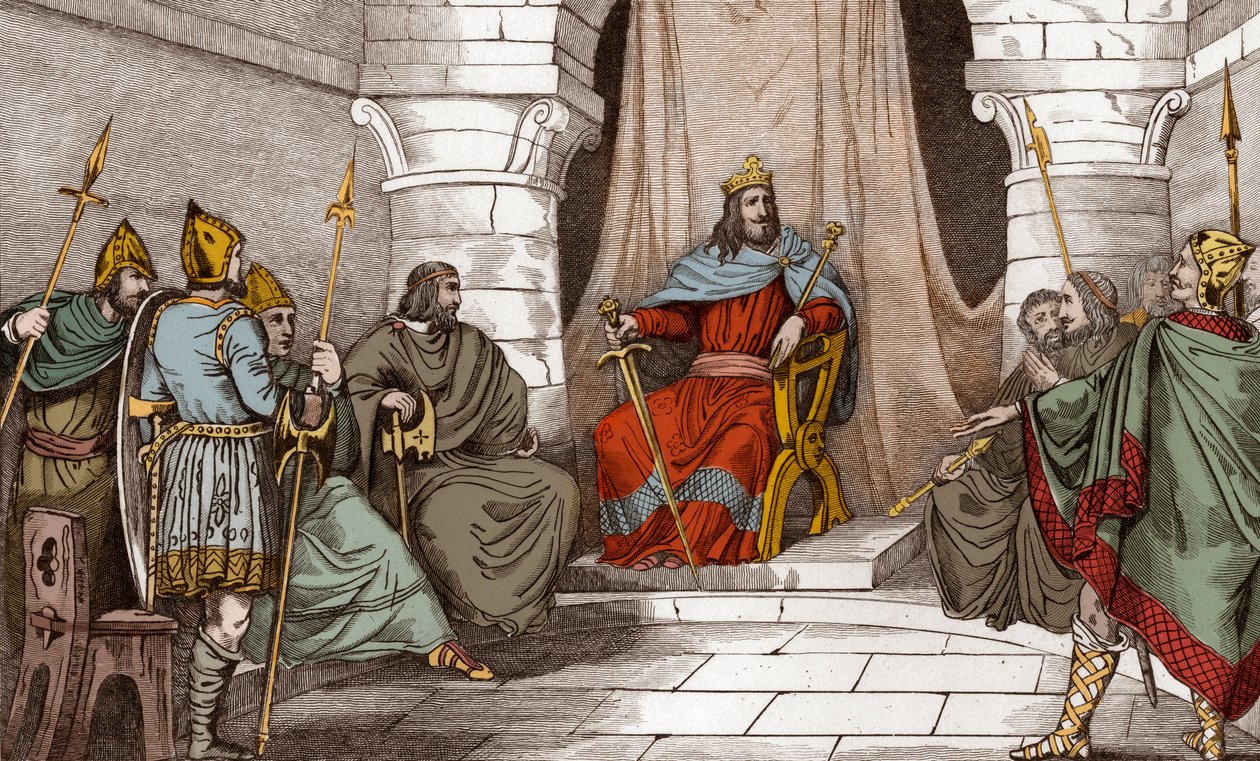 Król Charibert (521-567) w radzie z sędziami - Caribert lub Cherebert, król paryski (561-567) na soborach, czyli oddał sprawiedliwość - Rycina z 1825 r. w „Histoire de France reprezentowana przez obrazy synoptyczne poświęcone dzieciom Francji oraz autorstwa Ambroise Tardieu