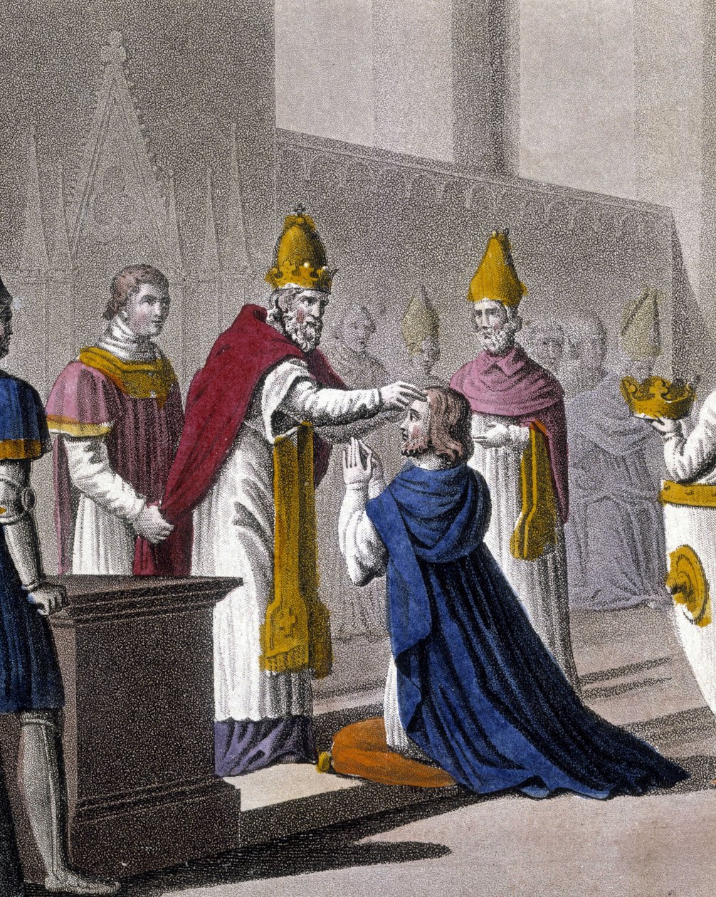 Ludwik II został konsekrowany po raz drugi na soborze w Troyes przez Jana VIII w 879 (detal z 33595). Zaprojektowany i wygrawerowany przez Ambroise Tardieu w 1825 roku. autorstwa Ambroise Tardieu