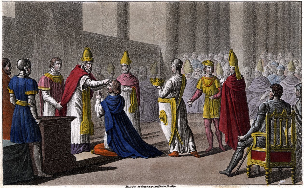 Ludwik II został konsekrowany po raz drugi na soborze w Troyes przez Jana VIII w 879. Zaprojektowany i wyryty przez Ambroise Tardieu w 1825. autorstwa Ambroise Tardieu