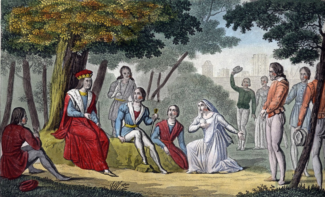 Ludwik IX, znany jako „Saint-Louis” (1214-1270) oddaje sprawiedliwość wszystkim swoim poddanym w drewnie Vincennes – zaprojektowanym i rytowanym przez Ambroise Tardieu w 1825 roku. autorstwa Ambroise Tardieu