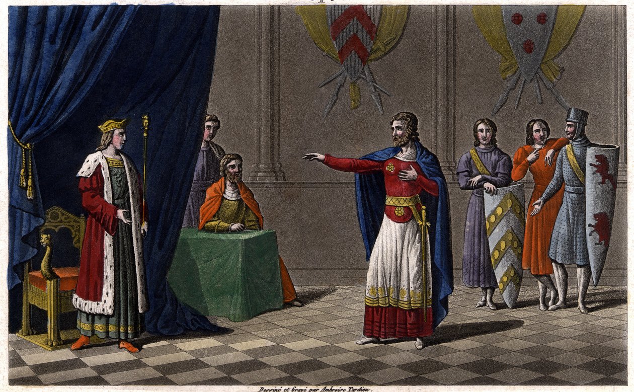 Ludwik V le Faineant (ok. 967-987), ogłoszony królem Francji pod protektoratem Hugues Capet, przyszłego króla Francji, w 986 Draw and grave przez Ambroise Tardieu w 1825. autorstwa Ambroise Tardieu