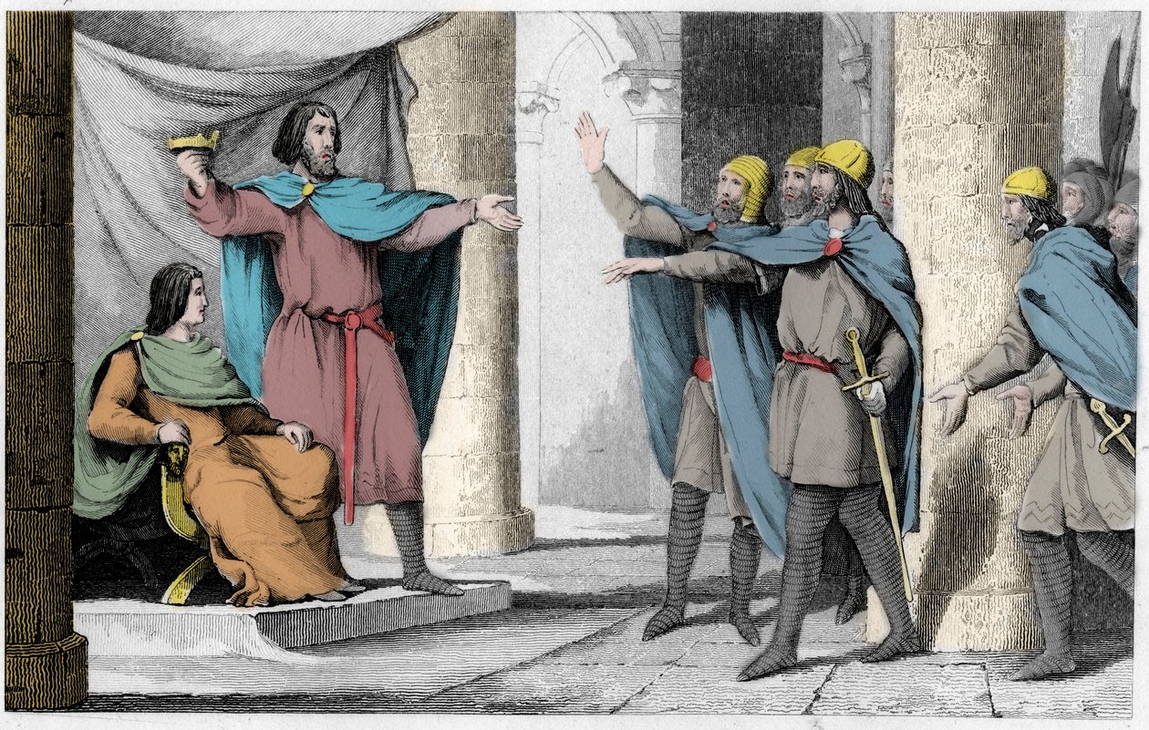 Ludwik V Indolent pokazuje swoją koronę swoim wyznawcom w 986 - Ludwik V le Faineant (ok. 967-987), ogłoszony królem Francji pod protektoratem Hugues Capet, który został królem Francji, w 986 - Rycina 1825 w “ Histoire de France reprezentowana przez synopt autorstwa Ambroise Tardieu