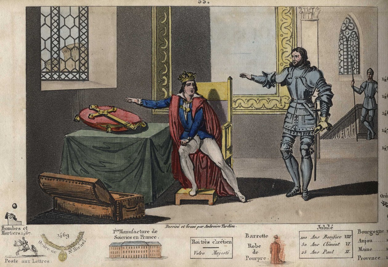 Ludwik XI (1423-1483) jest więziony w Peronne, a ze swojego mieszkania może zobaczyć wieżę, w której Karol III zmarł po 6 latach niewoli. Wolność odzyskał dopiero po złożeniu przysięgi na Krzyż Karola Wielkiego, że dotrzyma wierności traktatowi, który… autorstwa Ambroise Tardieu