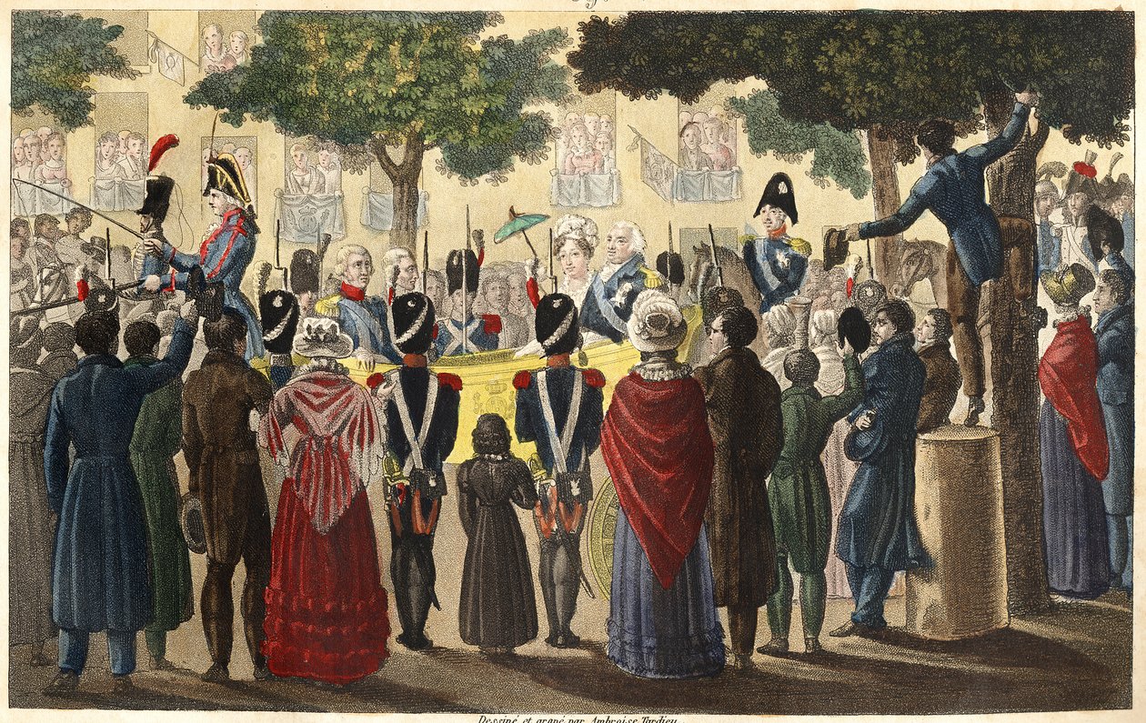 Ludwik XVIII (1755-1824) został ogłoszony królem przez armię Condé wśród niewielkiej liczby poddanych lojalnych wobec Paryża w 1814 (Restoration) - Zaprojektowany i ryty przez Ambroise Tardieu w 1825. autorstwa Ambroise Tardieu