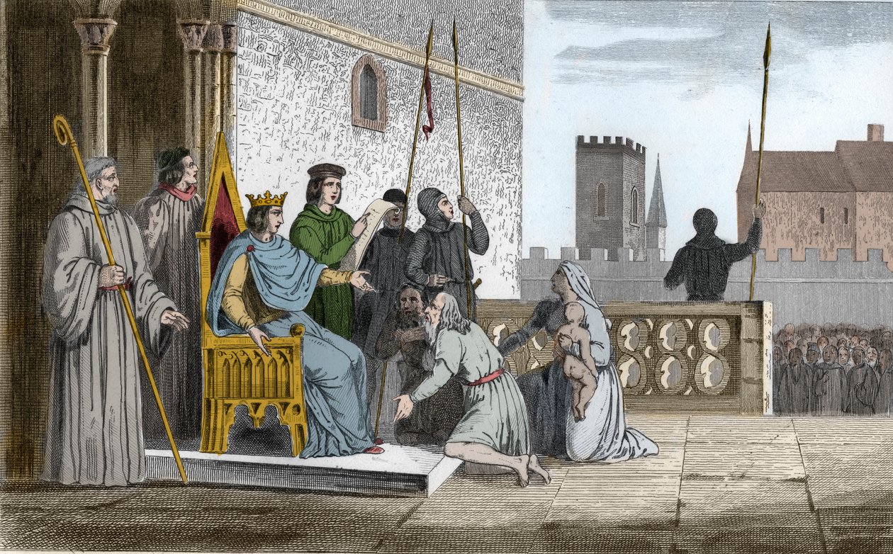 Ludwik X (1289-1316) Złośliwy emancypuje poddanych - Ludwik X dit ""Le Hutin" (1289-1316), dynastia Kapetów, uchodził za uwolnienie wszystkich poddanych swego królestwa, których zmusił do odkupienia ich wolności - Grawerowanie z 1825 r. w „Histoire de F autorstwa Ambroise Tardieu