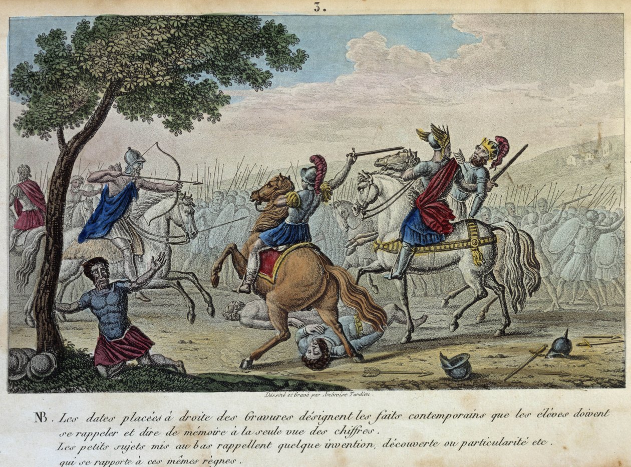 Merovee (447-458) przeciwstawia się Attyli na Polach Catalaunique w pobliżu Troyes wraz z Aetiusem i Teodorykem I. Jest zarozumiałym królem Francs-Salians i dał swoje imię dynastii Merowingów. - Rysowanie i grób Ambrose Tardieu w 1825 roku. autorstwa Ambroise Tardieu