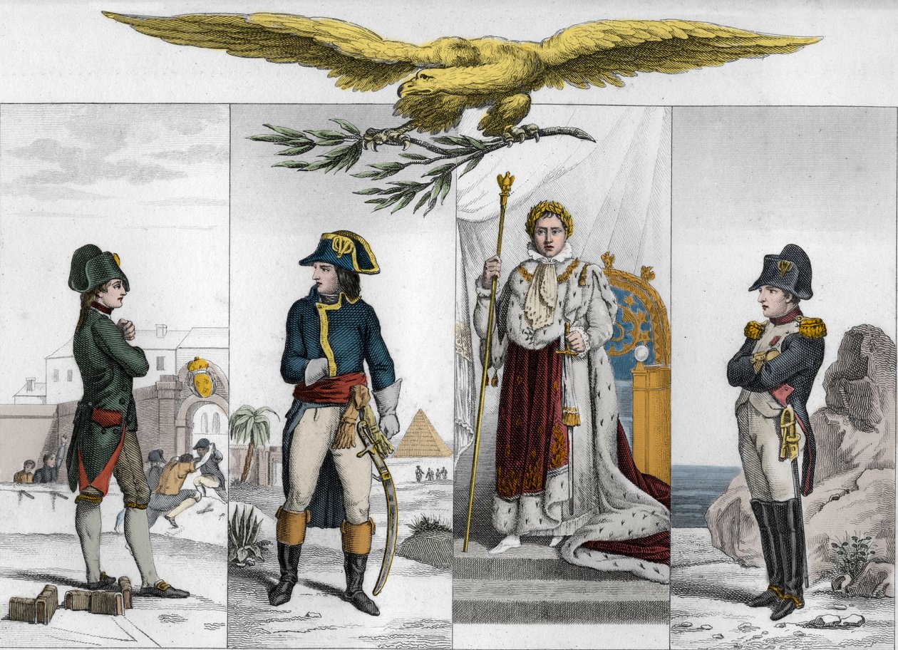 Napoleon Bonaparte (1769-1821) w czterech etapach swojego życia - Napoleon Bonaparte (1769-1821) w różnych okresach swojego życia - Rycina z 1825 roku w „Histoire de France reprezentowana przez obrazy synoptyczne poświęcone dzieciom Francji i wykorzystywan autorstwa Ambroise Tardieu