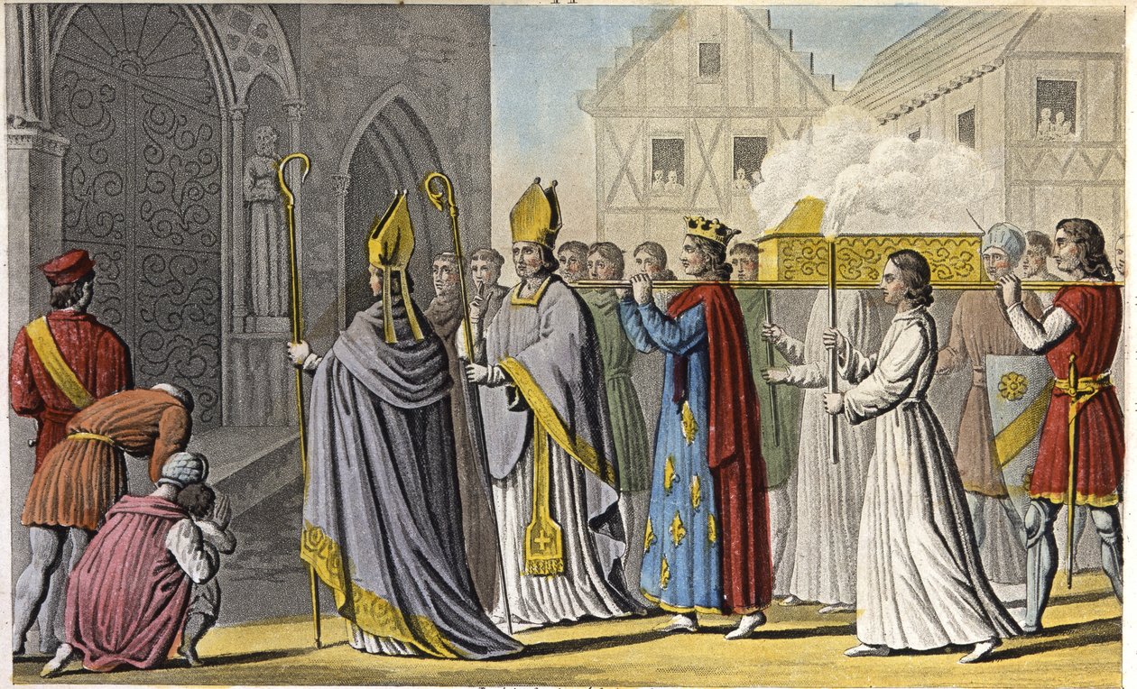 Filip III odprawił uroczystą służbę Notre-Dame i zaniósł trumnę pieszo do Saint-Denis, która zawierała wódz i kości Saint-Louis, ciało i wnętrzności zostały złożone w grobowcu niedaleko Palermo na Sycylii - panowanie Filipa III Francji. Cerem autorstwa Ambroise Tardieu