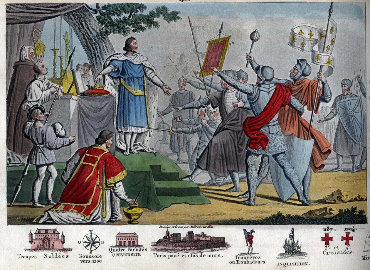 Filip II (1165-1223), król Kapetian, znany jako „Augustus”, proponuje oddać koronę swoim żołnierzom, jeśli zdołają ją utrzymać na dzień przed bitwą pod Bouvines, ale wszyscy wolą zatrzymać swojego króla. Wygrywając tę bitwę, Filip II zniszczył koalicję autorstwa Ambroise Tardieu