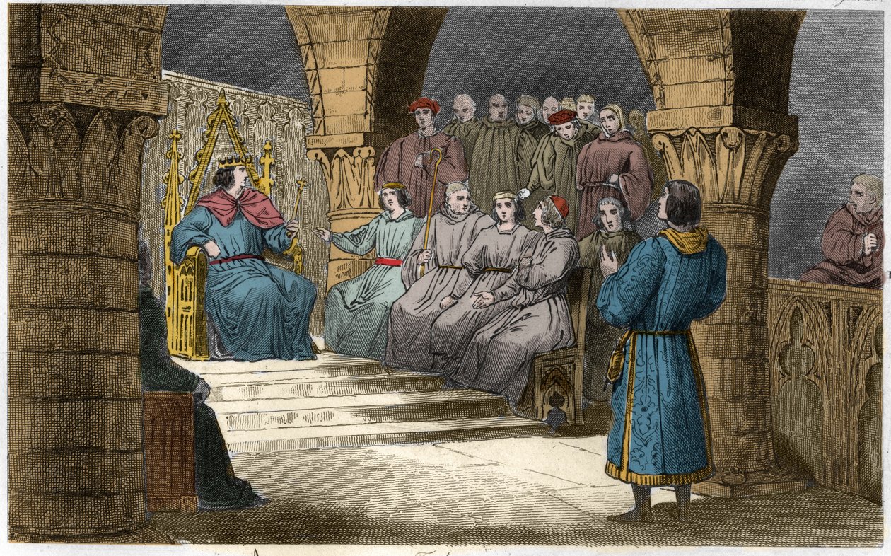 Filip V (1294-1322) Wysoki i Stany Generalne odrzucają pretensje Joanny II (prawo salickie) – Filip V dit „”Le Long”” (1294-1322) – Stany Zjednoczone-Generaux, wezwane do Luwru, ogłosił króla Filipa V i wykluczył z korony swoją siostrzenicę Jeann autorstwa Ambroise Tardieu