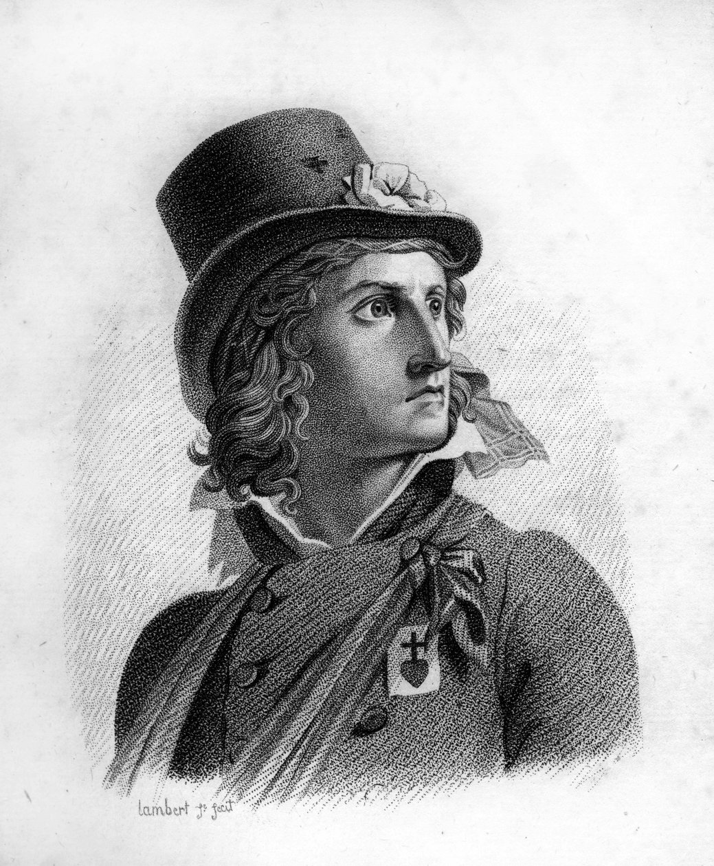 Portret Henri du Vergier, hrabiego La Rochejaquelein (lub Verger de La Rochejacquelein) (1772-1794). Na piersi ma insygnia sprzedawców. - w „Portrety generałów francuskich po zwycięstwach i podbojach Francuzów”. Wyryty autorstwa Ambroise Tardieu