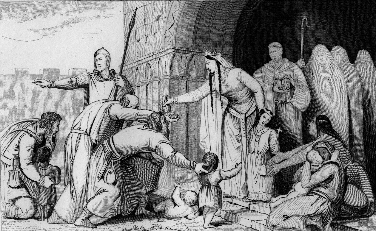 Królowa Bathild 626 lub 627 do 680 daje pieniądze biednym - Batilde (lub Bathilde, żona Chlodwiga II) znosi daninę, którą Galowie płacili od głów, małych i dużych, stwierdzając, że niektórzy rodzice zbyt biedni, by płacić, pozwalają umrzeć swoim nowym poto autorstwa Ambroise Tardieu