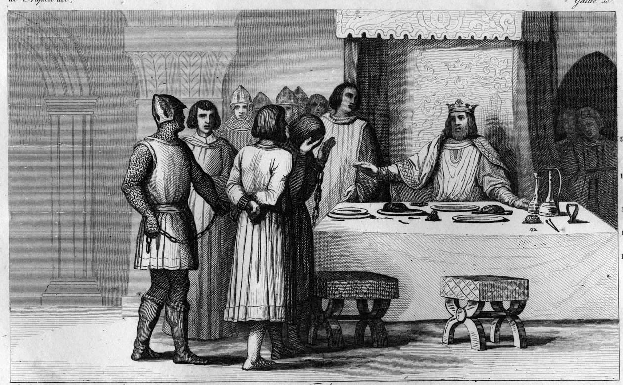 Robert II Pobożny (ok. 970-1031) uwalnia konspiratorów - Robert II dit „Pobożny” (ok. 972-1031), dynastia Kapetów - Wiedząc, że 2 konspiratorów zostało skazanych na śmierć, uczynił ich communier, traktuj pięknie, a potem oddaj się wolności - ang autorstwa Ambroise Tardieu