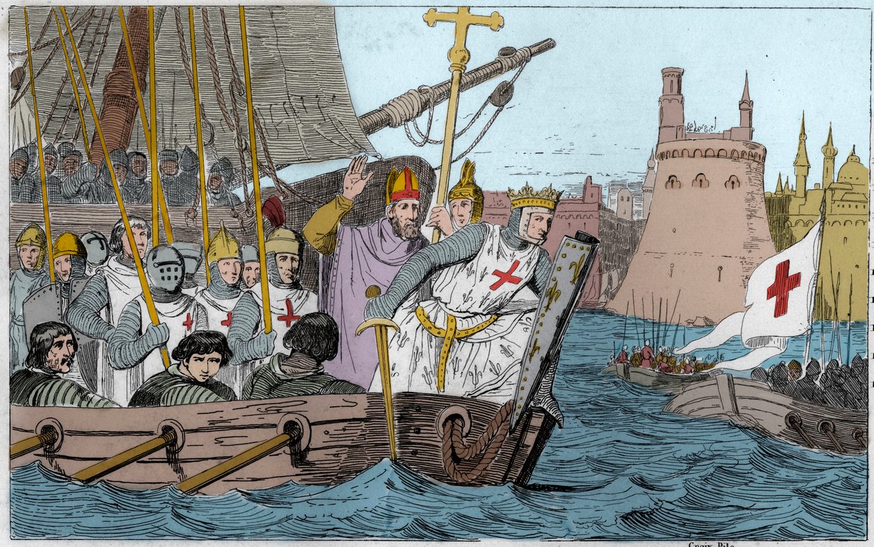 Siódma krucjata: Król Saint Louis (1214-1270) i krucjaty oblegające Damiette w czerwcu 1249 w Dolnym Egipcie - Siódma krucjata do Ziemi Świętej 1248-50 - Saint Louis IX (1214-70) prowadzi swoje wojska w bitwie - Rycina z 1825 w „Histoire de France repres autorstwa Ambroise Tardieu