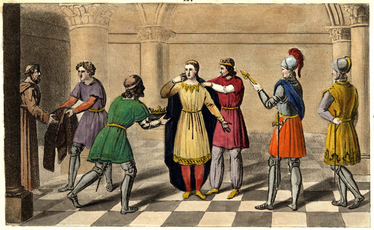 Thierry III zostaje zabrany z opactwa Saint Denis, aby wstąpić na tron. Zaprojektowany i wygrawerowany przez Ambroise Tardieu w 1825 roku. autorstwa Ambroise Tardieu