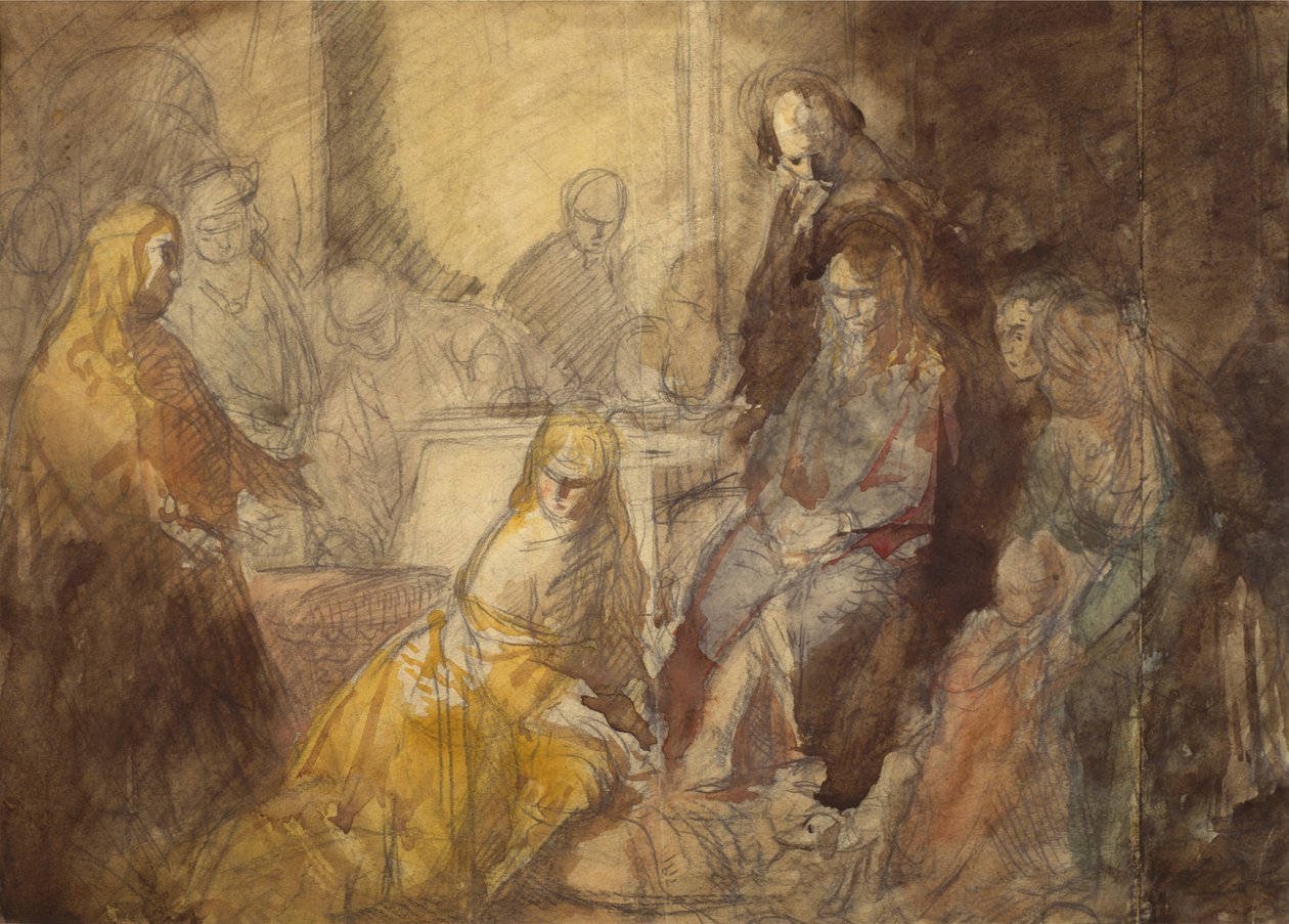 Maria Magdalena namaszczenie stóp Chrystusa (ołówek i akwarela) autorstwa Ambrose McEvoy