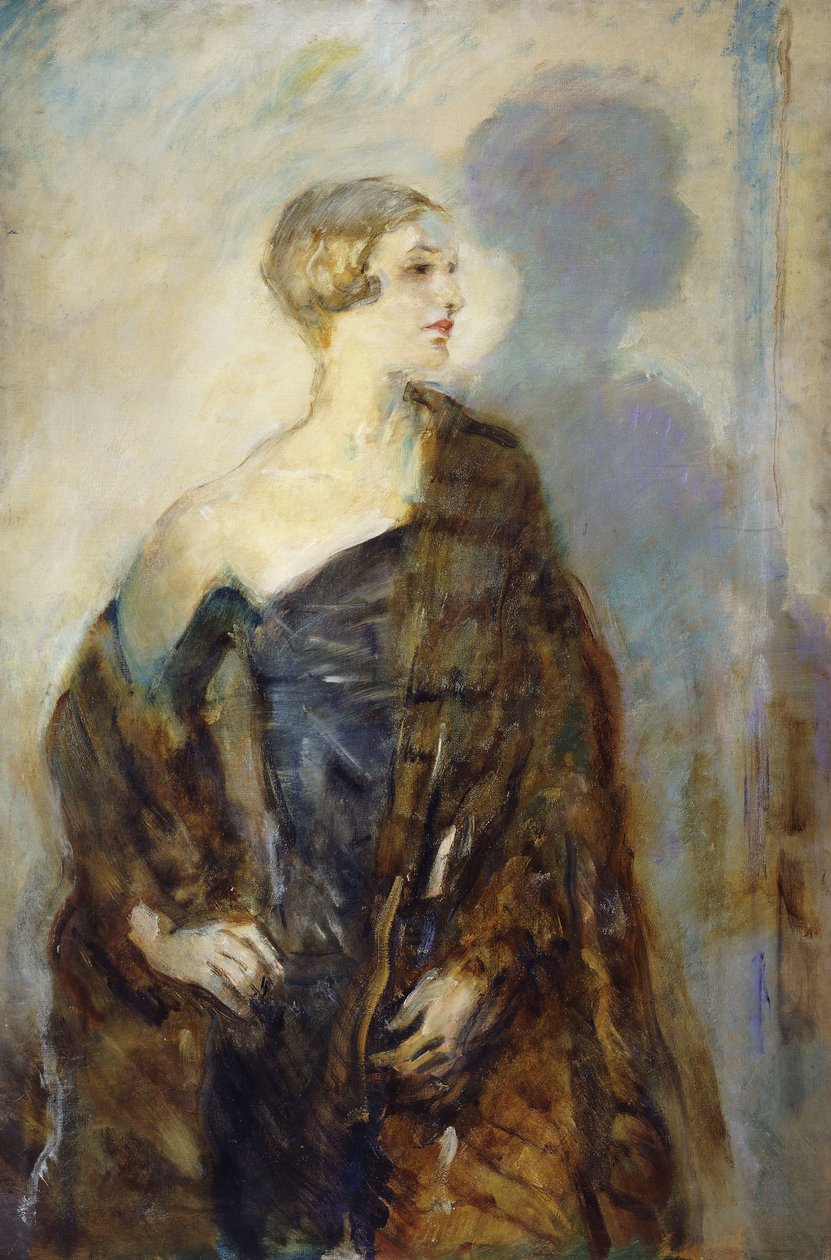 Portret Lady Abdy, długości trzech czwartych, w futrzanej chuście, autorstwa Ambrose McEvoy