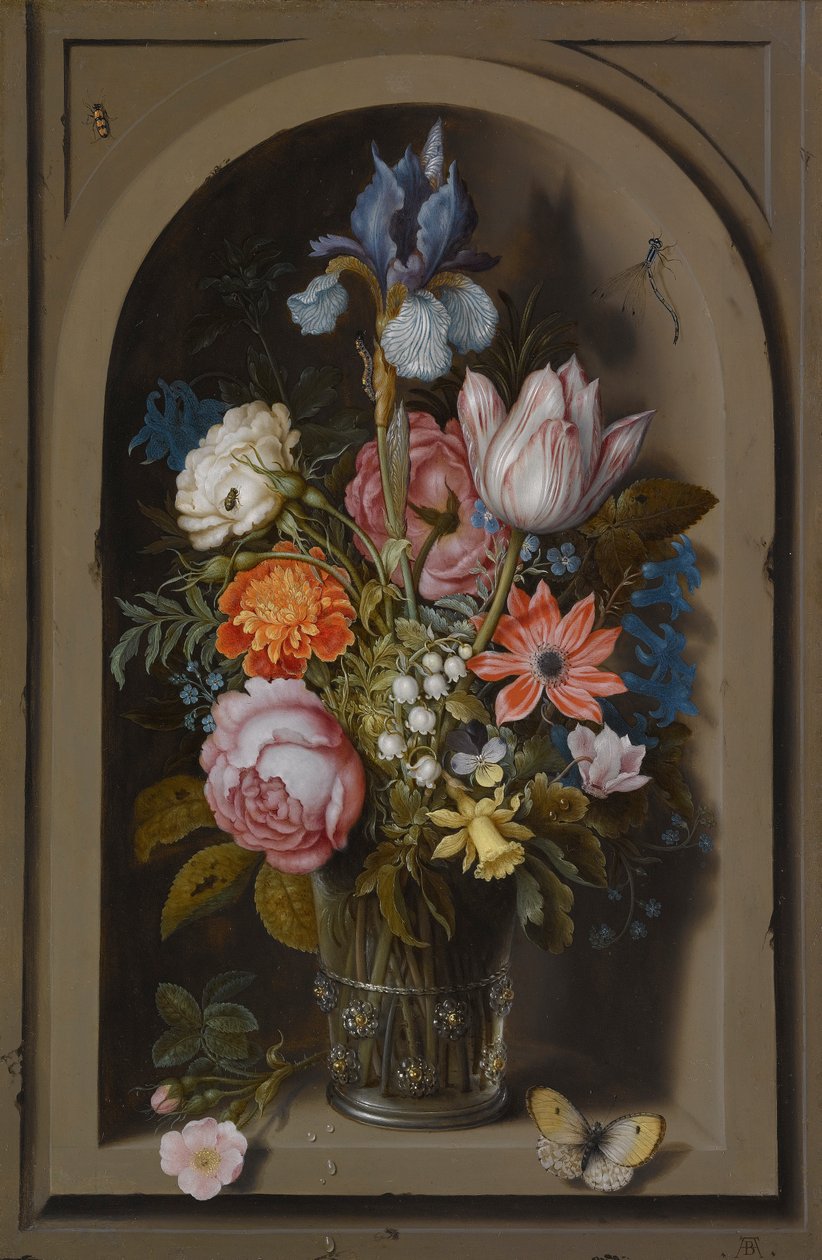 Martwa natura z kwiatami w szklanej zlewce w marmurowej niszy autorstwa Ambrosius the Elder Bosschaert