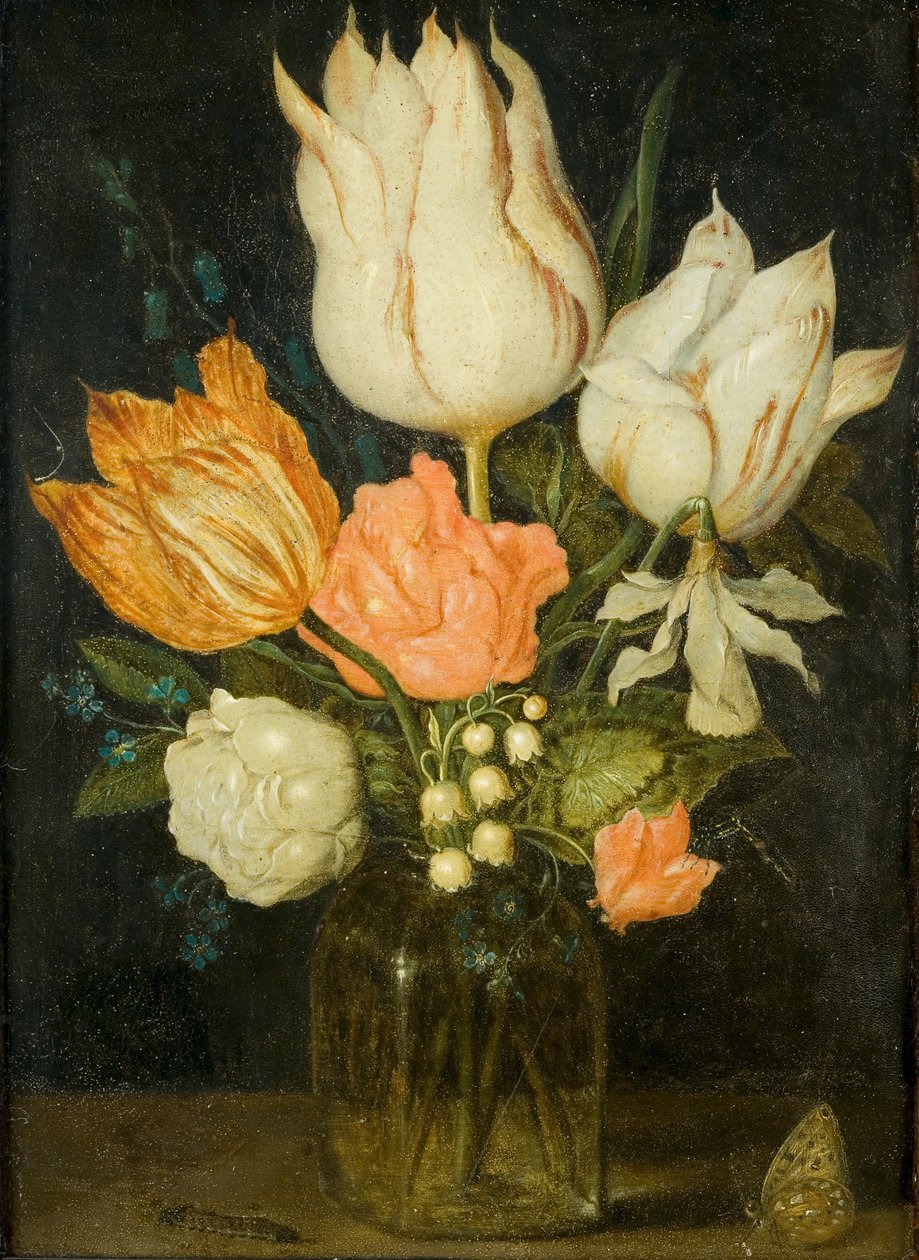 Kwiaty w kwadratowym szklanym wazonie autorstwa Ambrosius the Elder Bosschaert