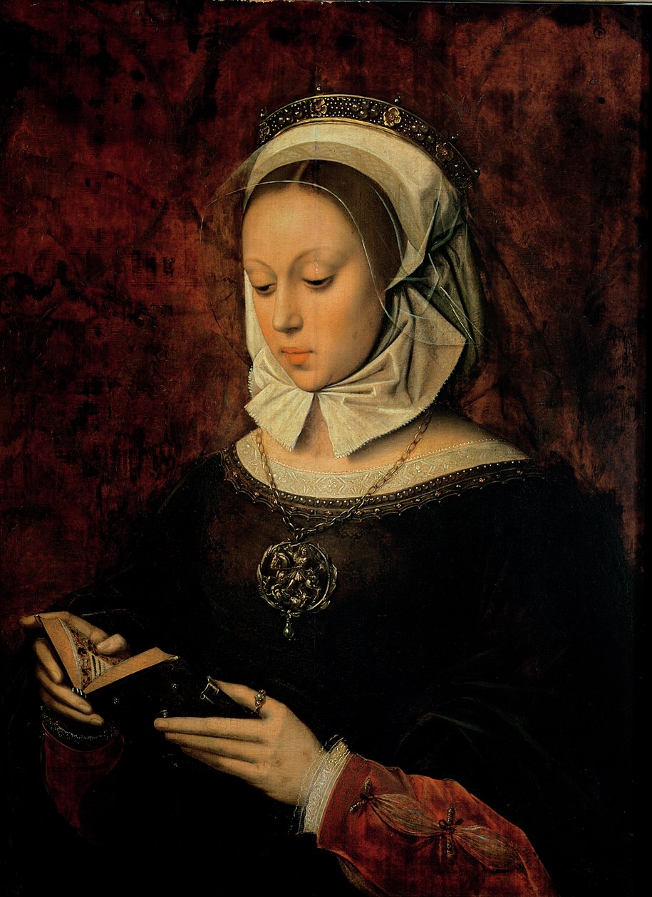 Młoda kobieta czytająca księgę godzin autorstwa Ambrosius Benson