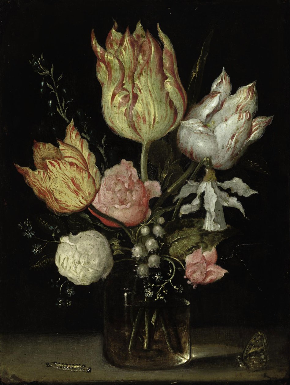 Martwa natura z kwiatów w szklanym wazonie z gąsienicą i motylem autorstwa Ambrosius Bosschaert